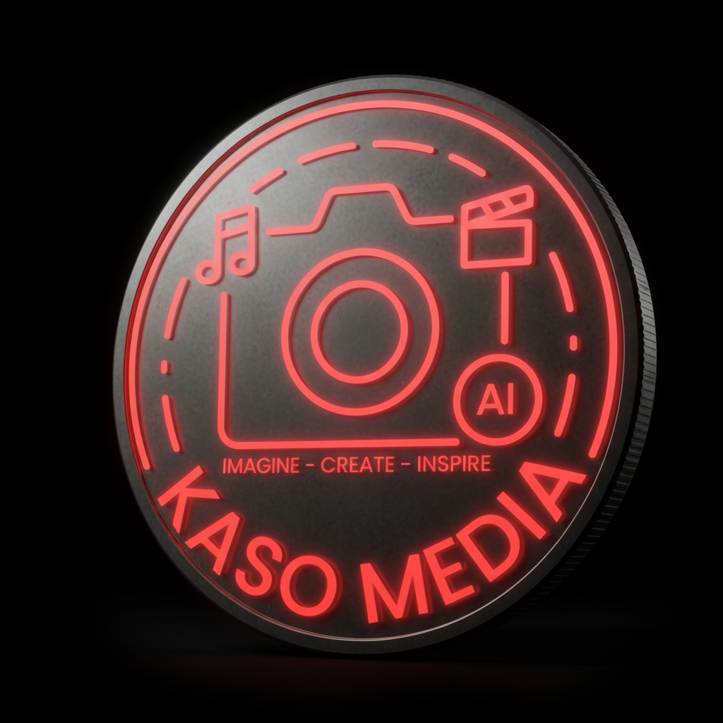 Neon sign with a camera icon, a music note, a film strip, a video editor icon, an AI circle, and the text 'KASO MEDIA' and 'IMAGINE - CREATE - INSPIRE' on a black background.