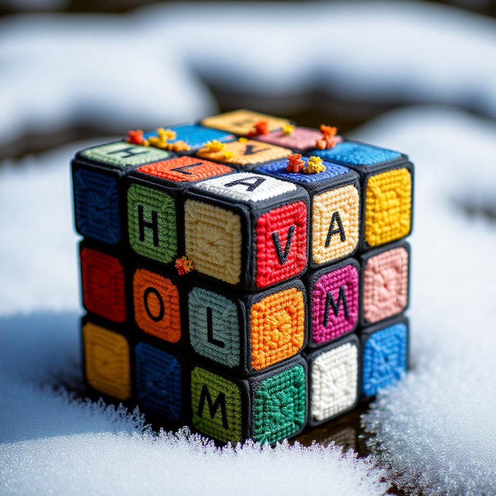 Colorful embroidered fabric cube with letters on each side, placed on snow with some tiny decorative flowers on top.