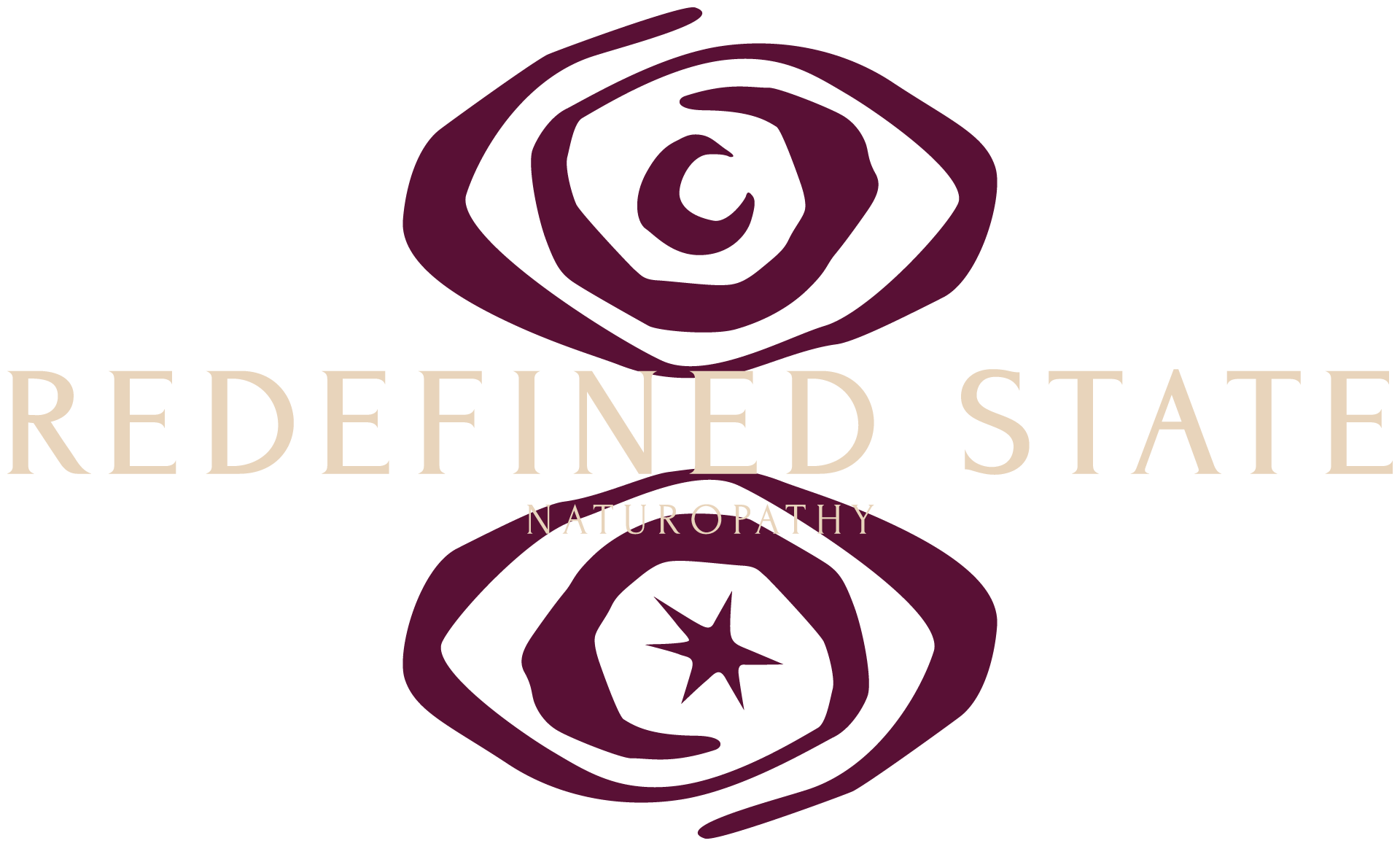 Purple eye motifs accompanied by a moon and star, overlaid with the words Redefined State Naturopathy in cream.