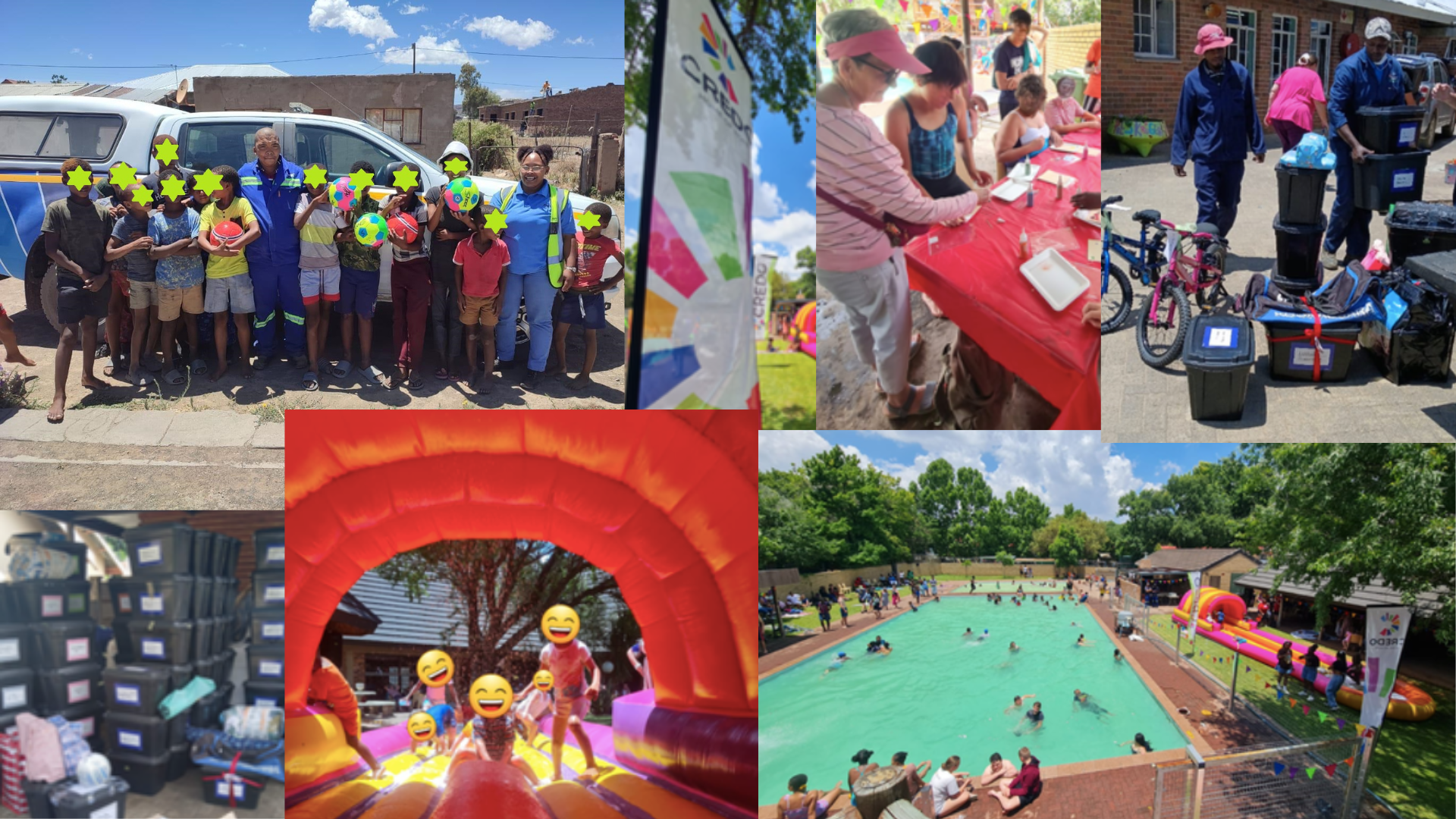 Group of children and adults gathered outdoors, some holding soccer balls, some wearing bright yellow vests, with various activities including a table with teachers, people loading bikes and storage bins, children playing on a bounce house, and a busy swimming pool with visitors on a sunny day.