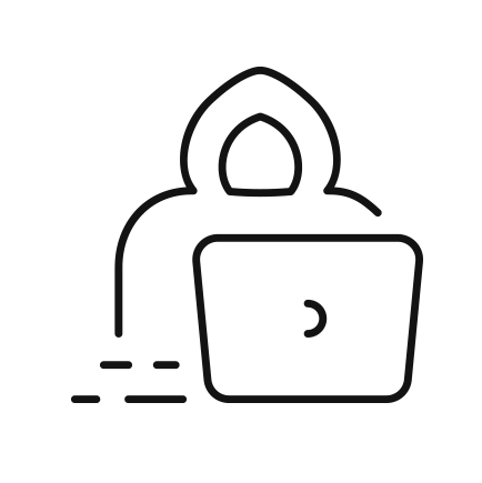 Outline of a person wearing a hoodie working on a laptop with code and data symbols.