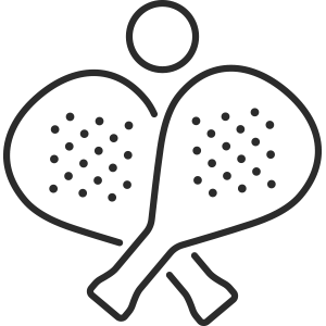 A simple, black and white outline drawing of two table tennis paddles crossed in front of a ball.