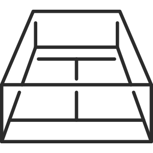 A black outline of a tennis court view from above, showing the net at the center and boundary lines.
