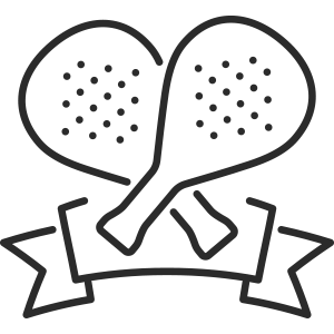 Line drawing of two tennis rackets crossed over a ribbon with stars.