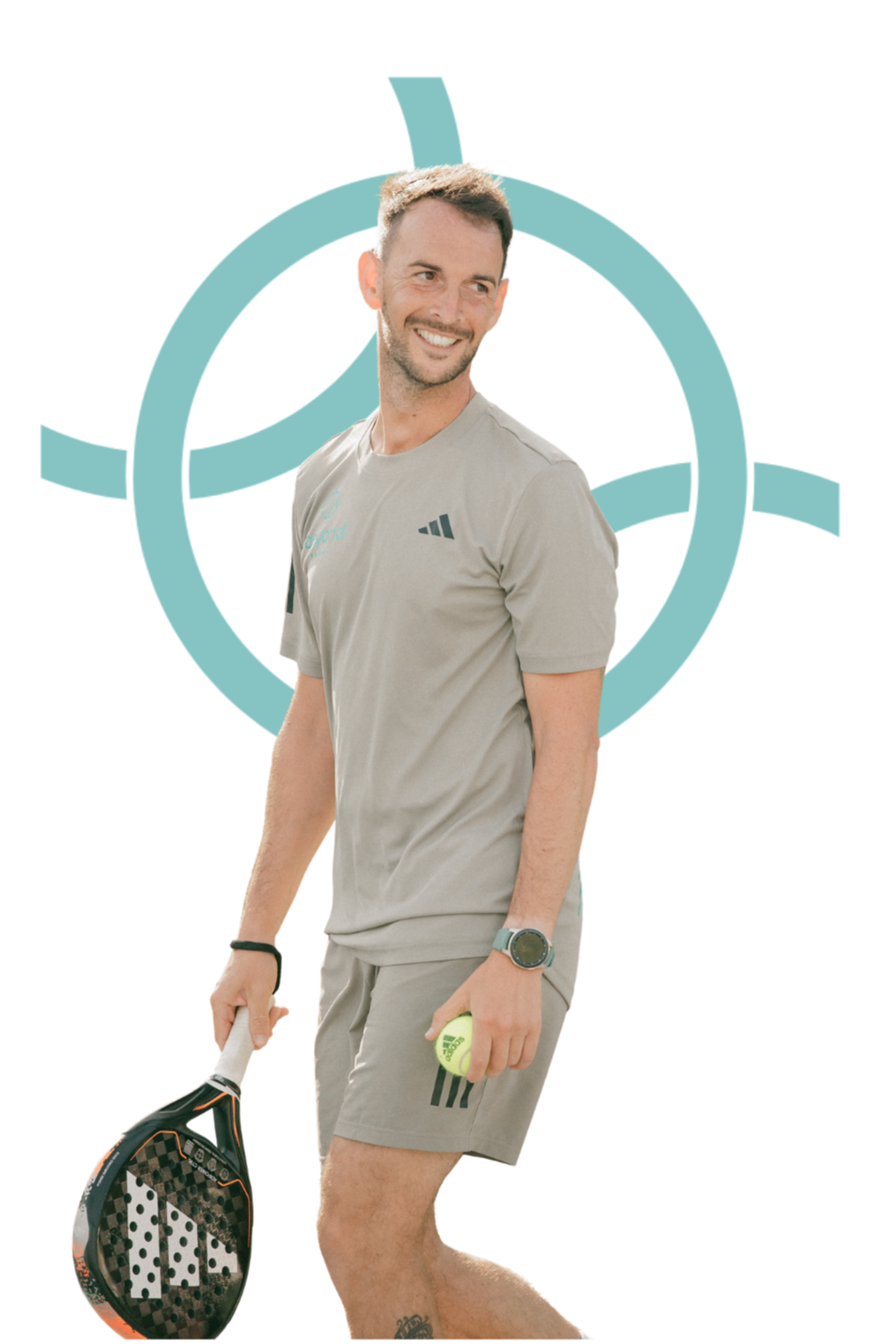 A man smiling and holding a tennis racket and a tennis ball, dressed in sportswear, standing in front of a stylized target graphic.
