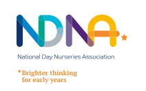 Logo of the National Day Nurseries Association with colorful letters spelling NDA and the slogan 'Brighter thinking for early years'.