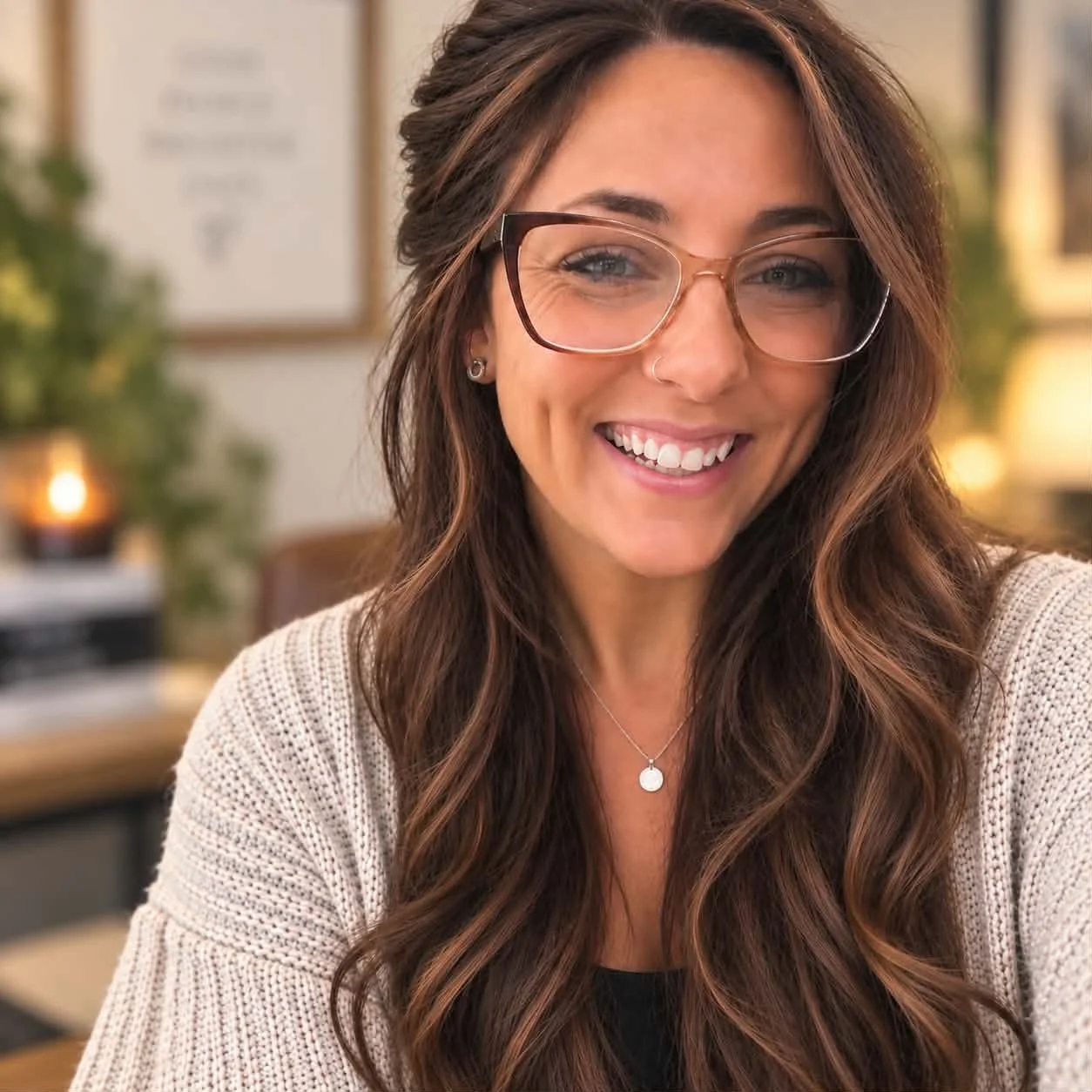 A woman with long, wavy brown hair and glasses smiling in a cozy indoor setting with warm lighting and background decor.