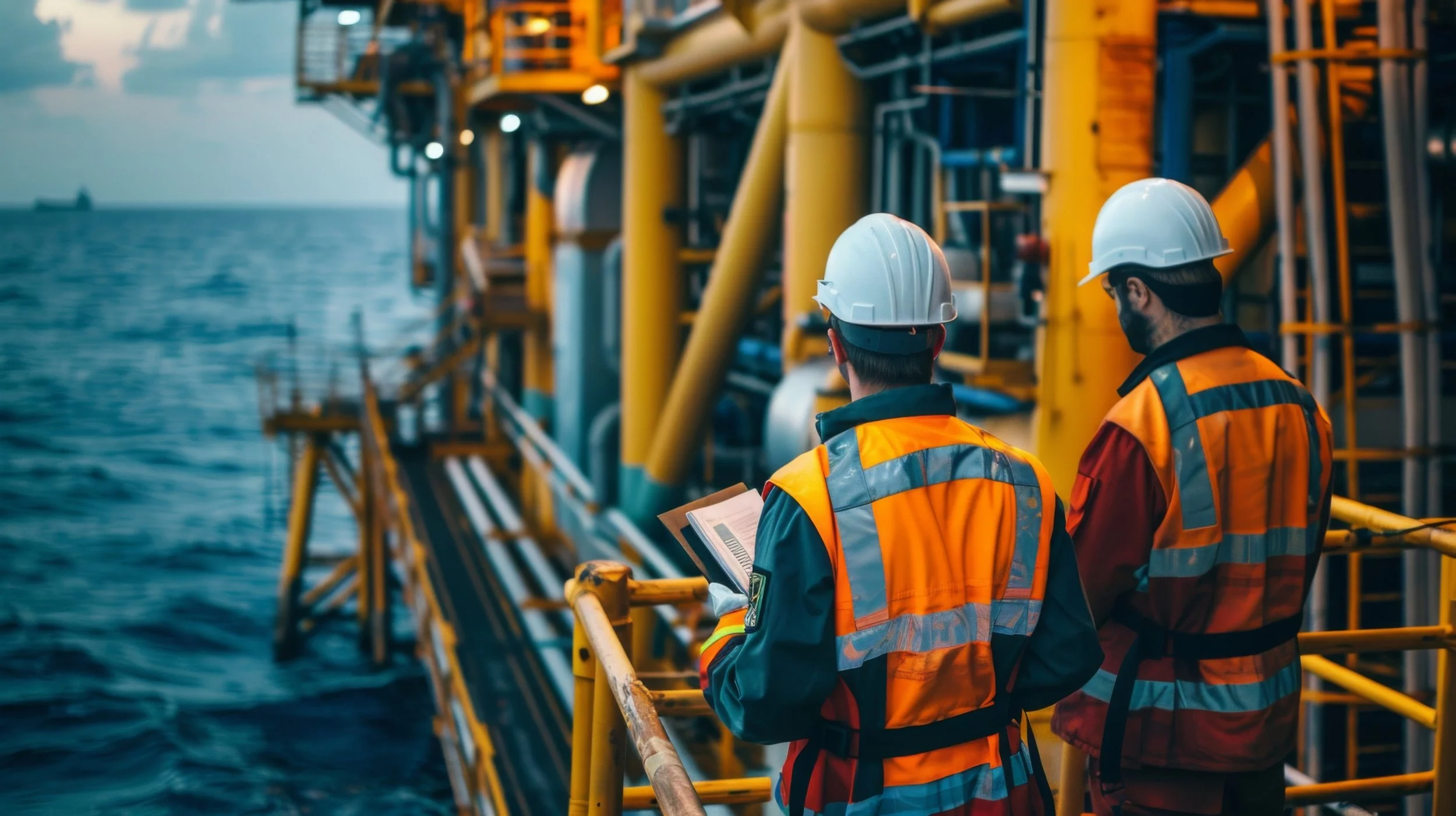 Two workers in safety vests and helmets on an offshore oil platform, inspecting equipment and reading documents, with ocean in the background.