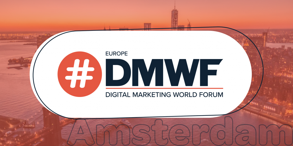 Logo for Europe Digital Marketing World Forum (DMWF) with a hashtag symbol, set against a city skyline at sunset.