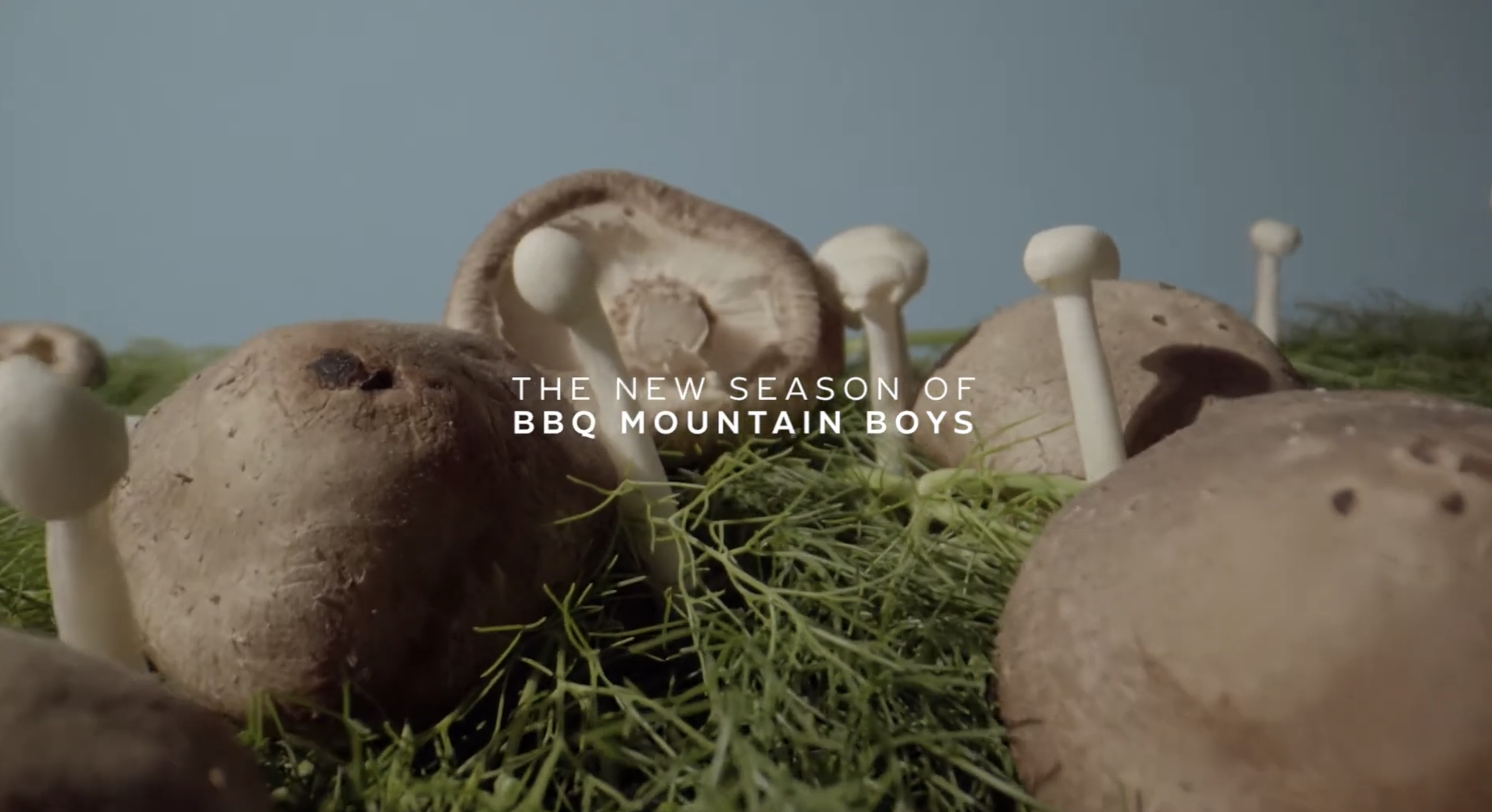 Close-up of fresh mushrooms and greenery with text overlay reading 'The New Season of BBQ Mountain Boys'.