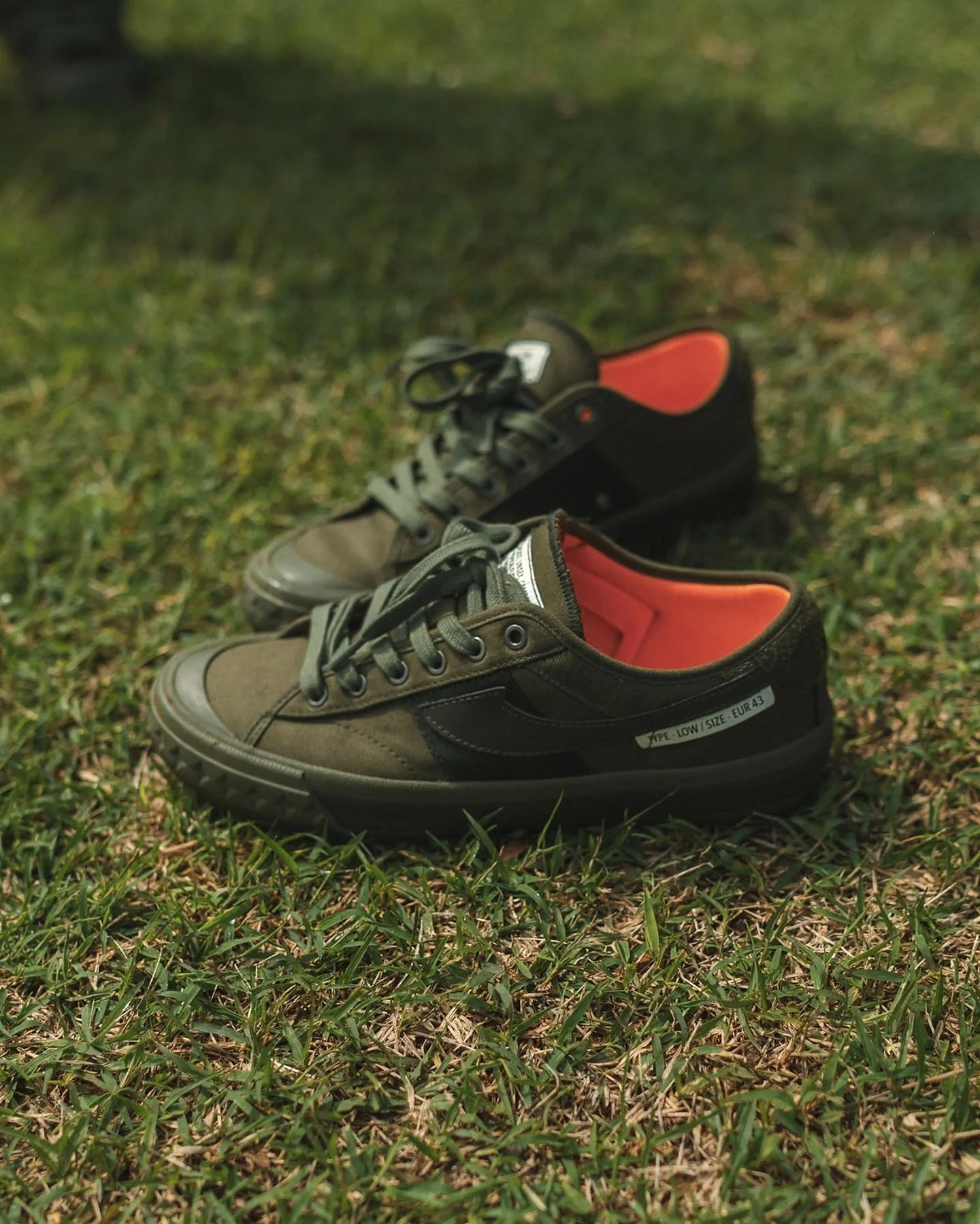 Pair of casual sneakers on grass, with the front shoe in focus and the back shoe slightly blurred in the background.