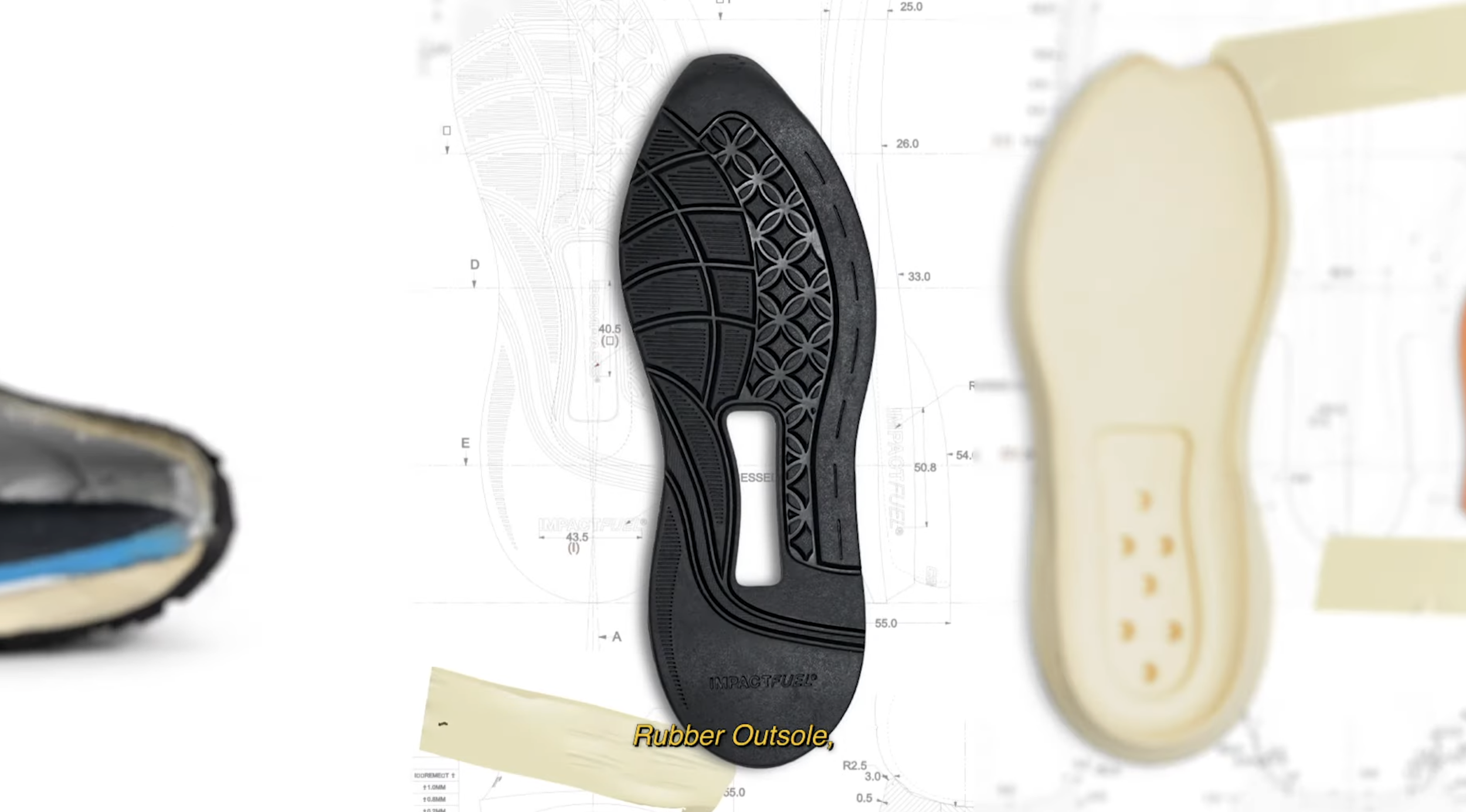 Close-up of a black rubber shoe sole prototype on technical blueprints with construction details, accompanied by similar beige and multicolored sole samples in the background.