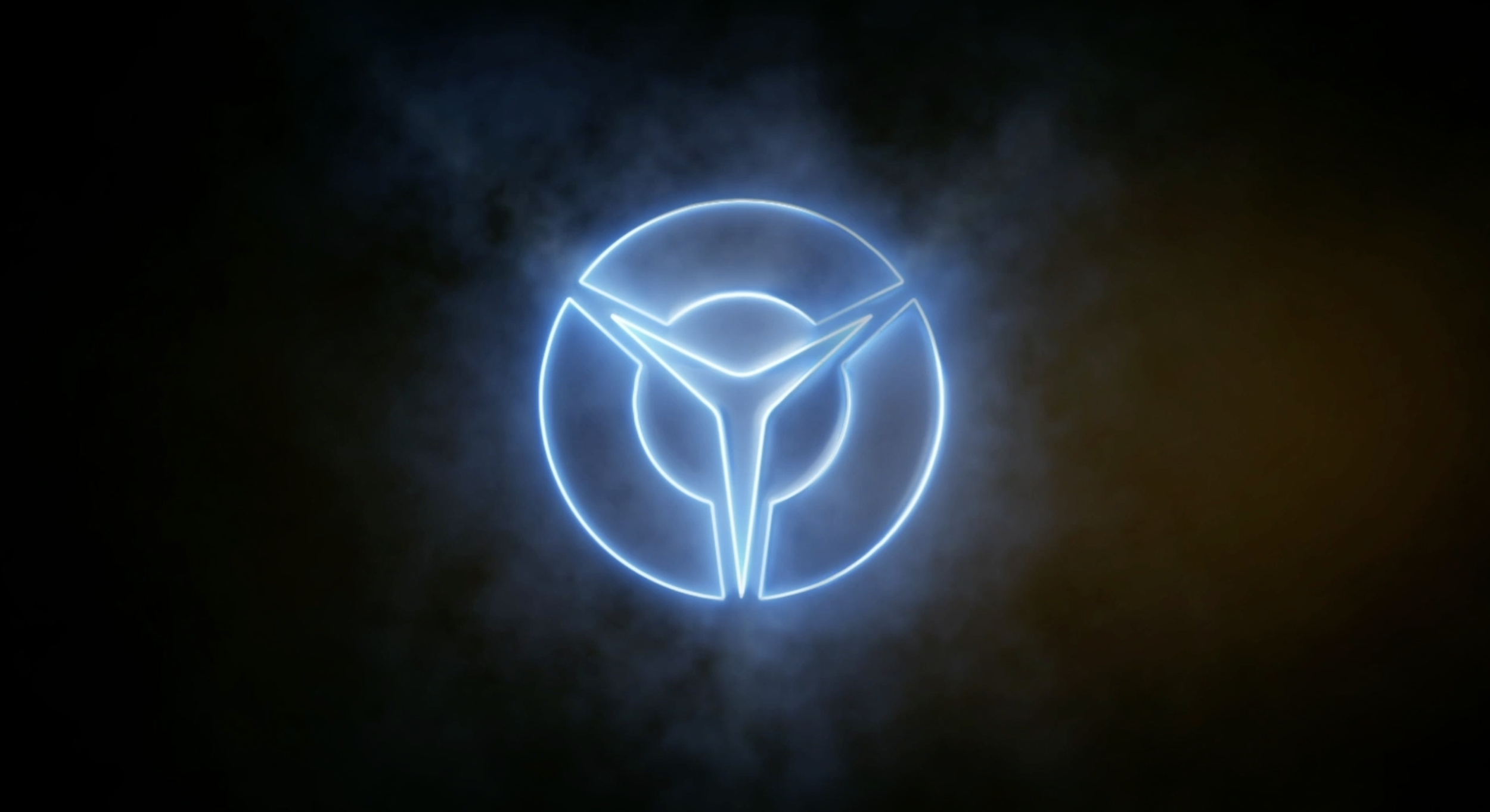 Neon blue logo of a circle with a three-pointed shape inside, glowing against a dark background.