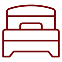 En enkel rød kontur af en seng med hovedgavl og pude.