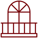 Rød figur af en balkon med balustrade og et vindue med buet top