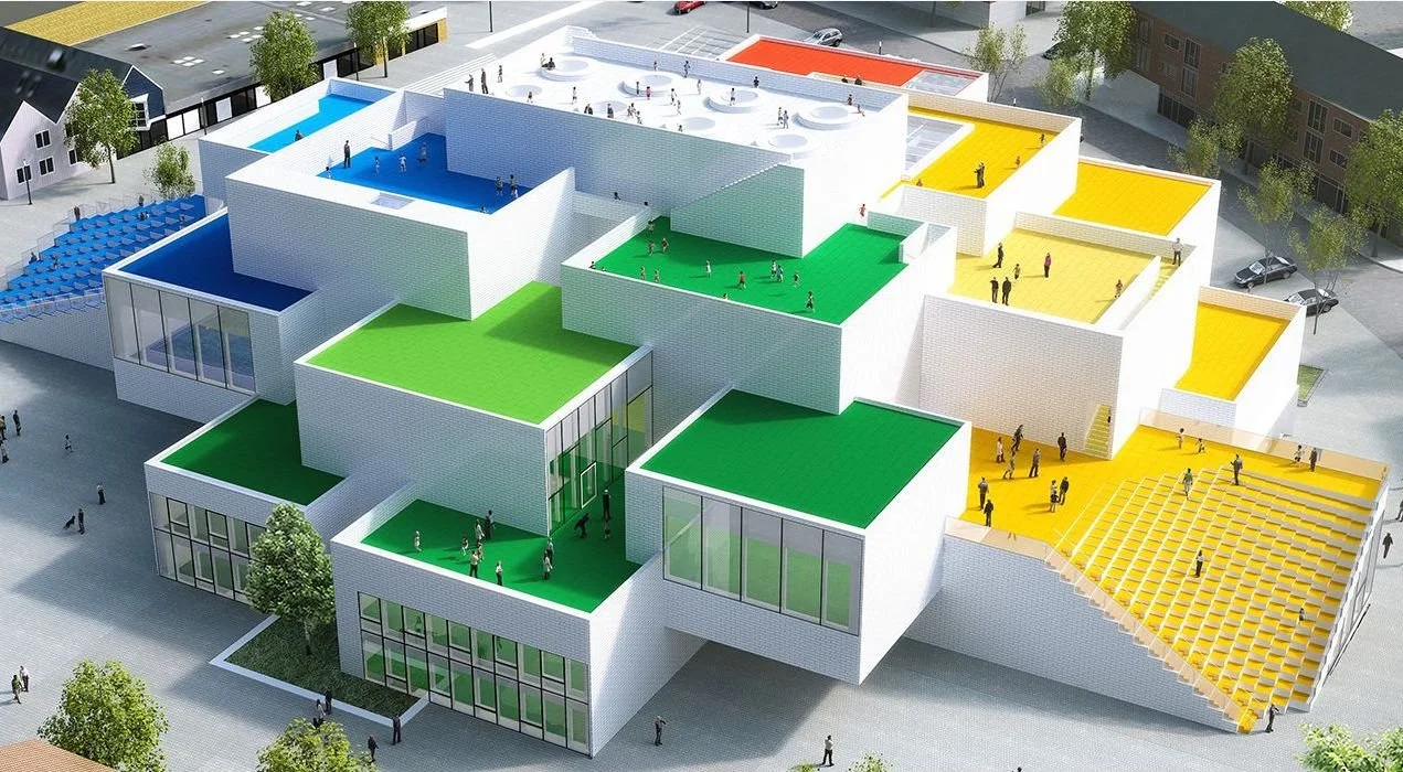 Lego House Billund, farverigt moderne byggeri, luftfoto