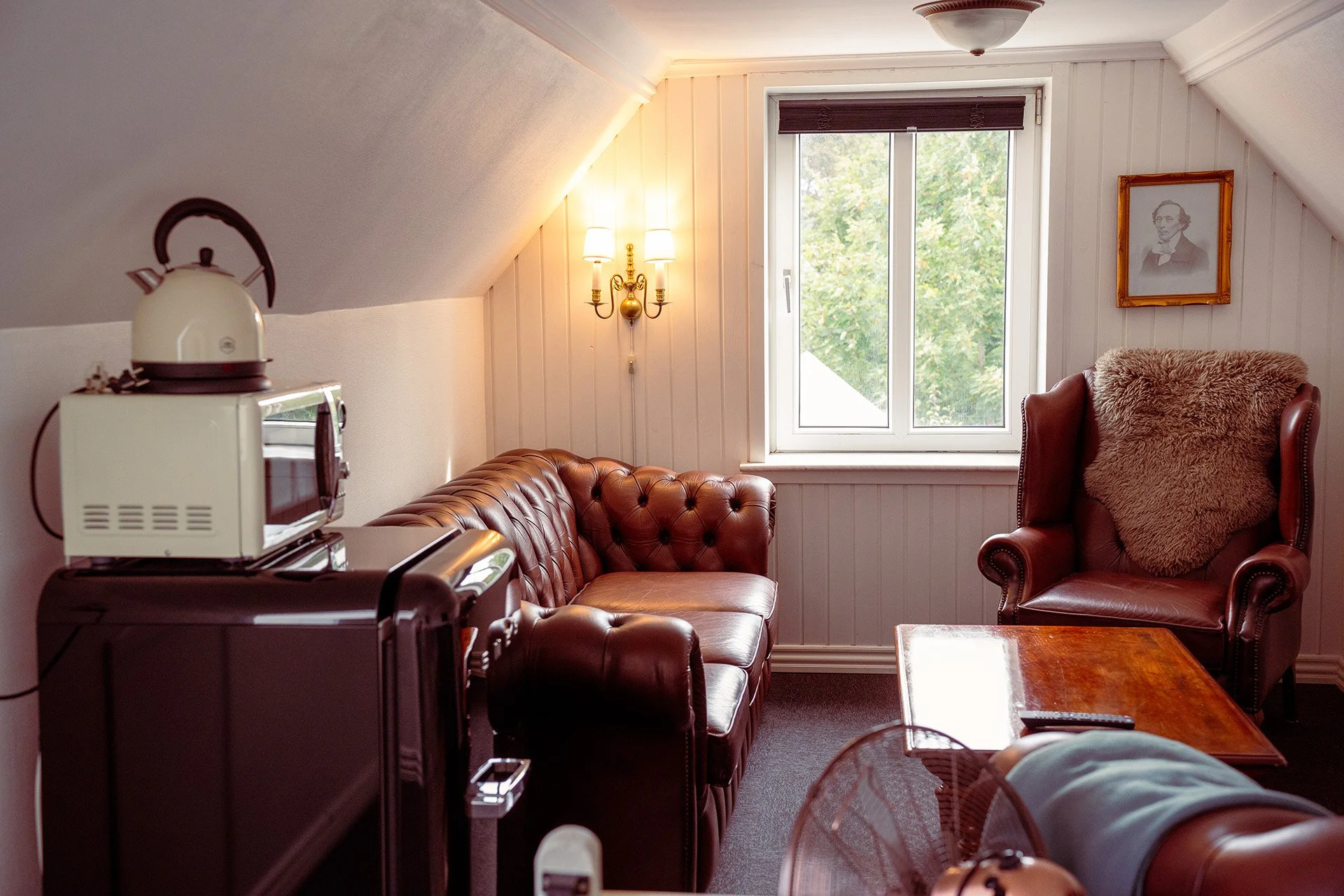 Chesterfield sofa, elkedel, microovn, mansardstue