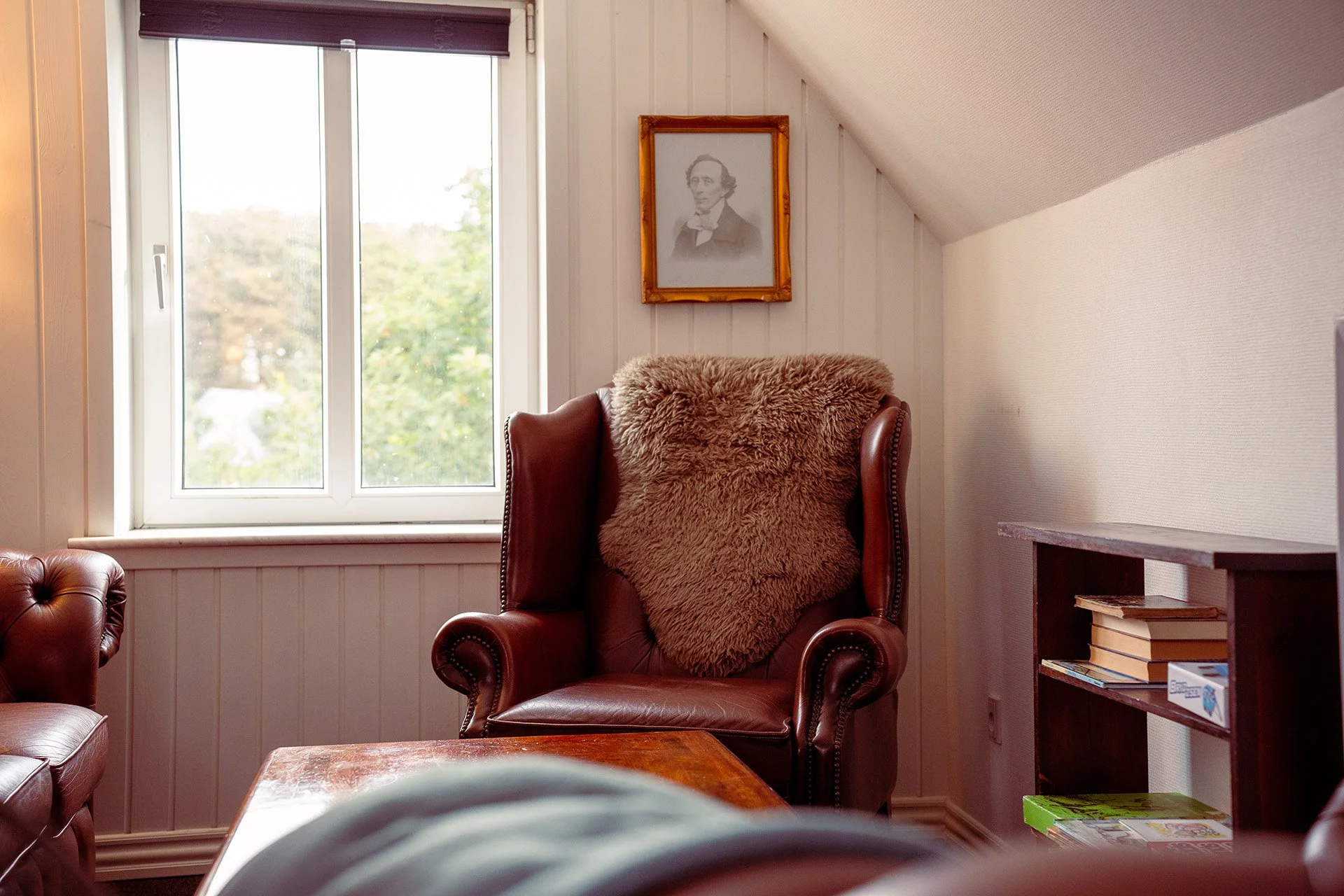 Chesterfield lænestol, pelshynde, bogeoler, mansardvindue