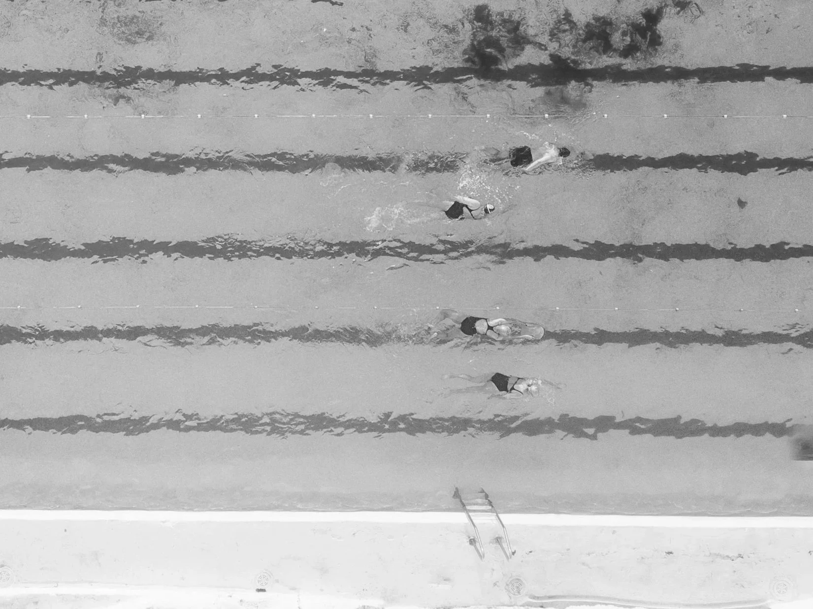 Overhead view of four people swimming laps in an outdoor swimming pool with lane markers.