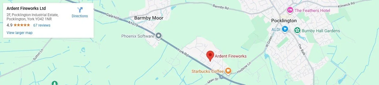 Map showing the location of Ardent Fireworks Ltd at Pocklington Industrial Estate in Pocklington, York, with nearby landmarks including Burnby Hall Gardens.