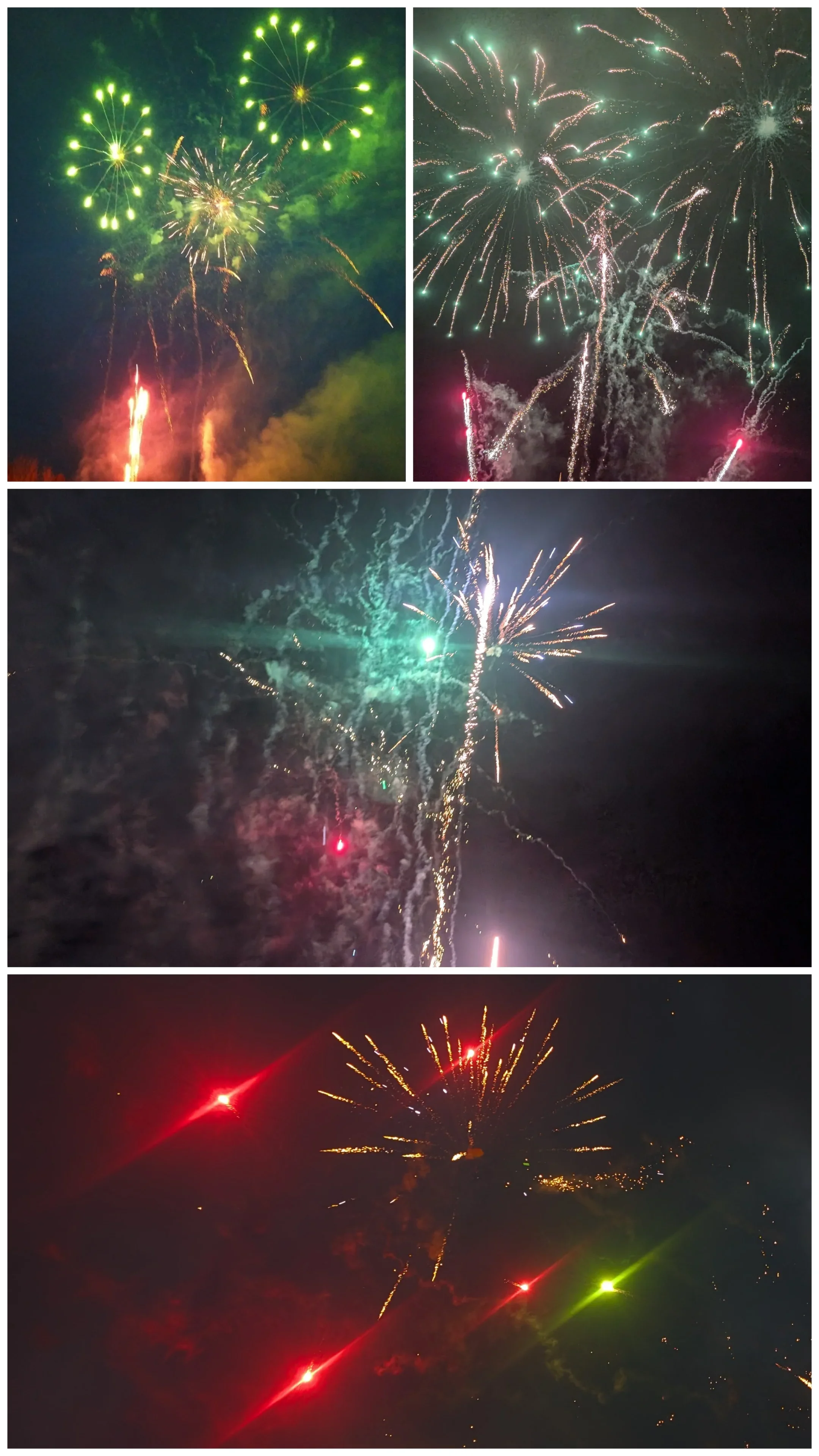 A collage of four images of fireworks displays at night, showcasing different colors, patterns, and explosions in the sky. Mostly bright greens and reds
