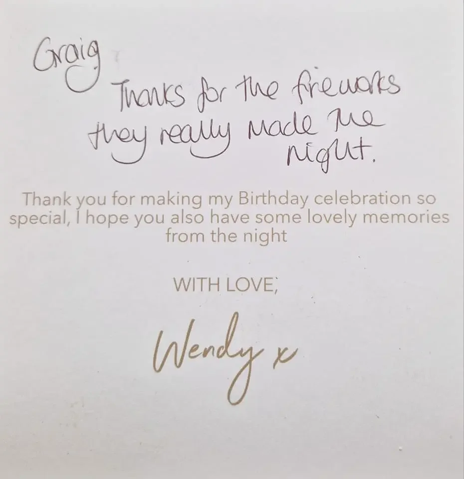 Handwritten note thanking Craig from Ardent Fireworks York, for the fireworks at her Birthday