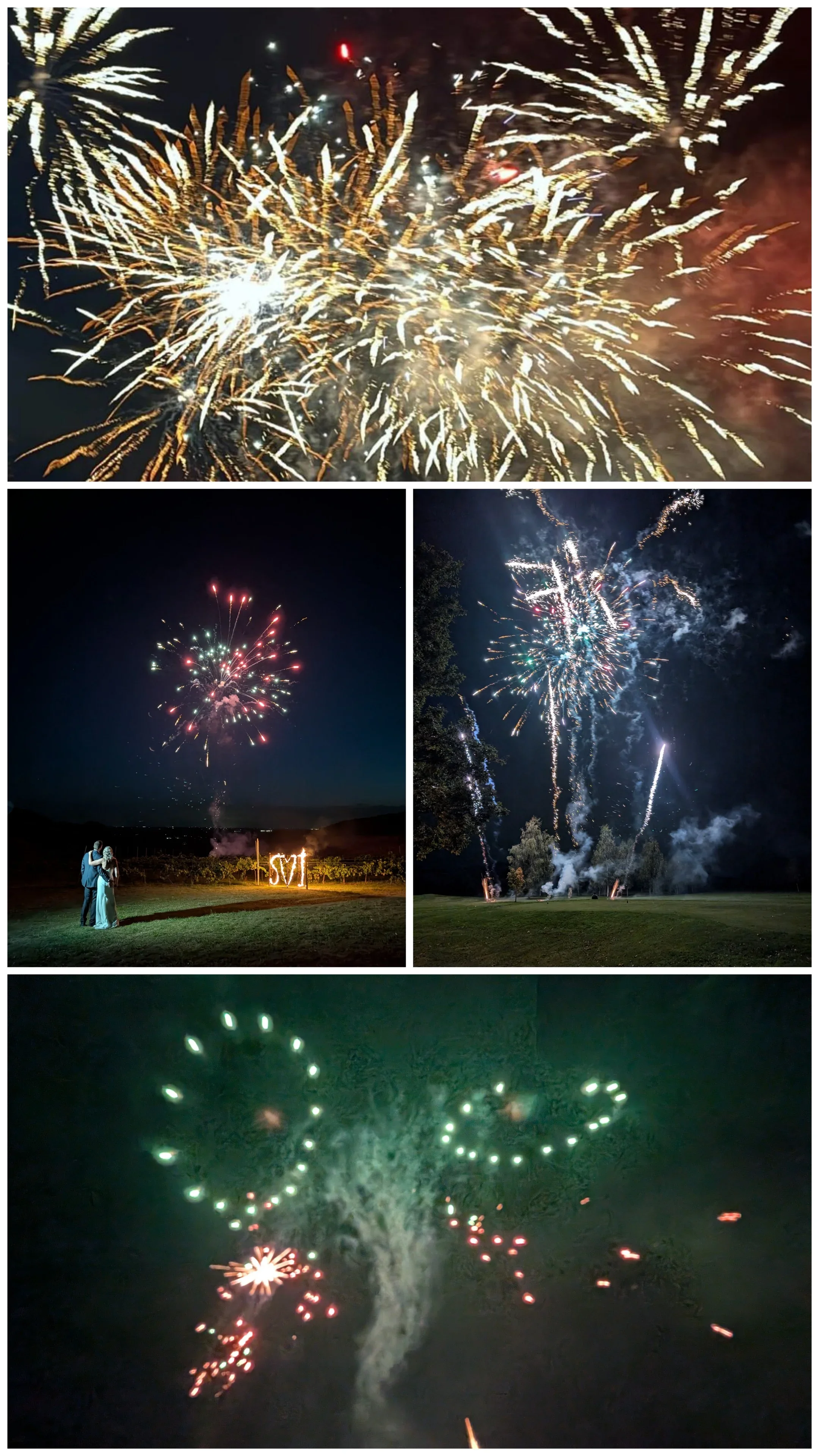 Collage of fireworks displays at night, with bright explosions illuminating the sky, a couple watching fireworks near a fire sign, and sparklers forming a heart shape.