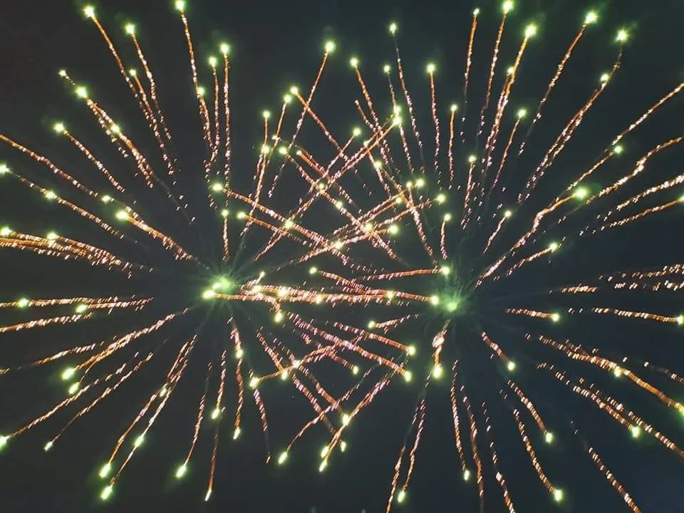 Colorful fireworks exploding in the night sky with green and gold streaks.