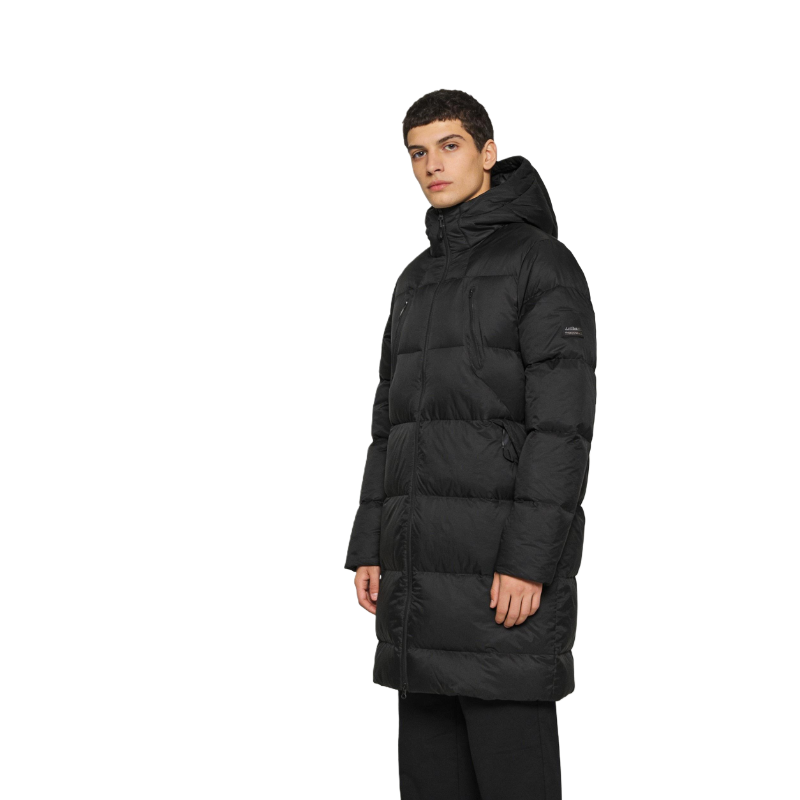 Men’s Black Long Puffer Jacket | Hooded Quilted Winter Coat with Multiple Pockets
