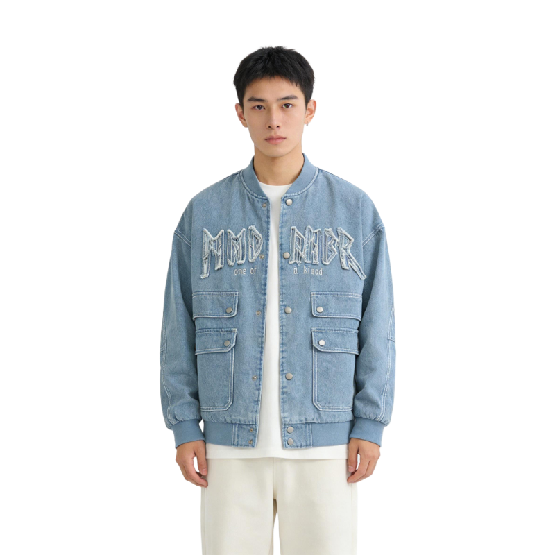 Vintage Washed Denim Bomber Jacket - Oversized Embroidered "MOB MOB" Lettering Light Green Casual Baseball Coat for Men & Women