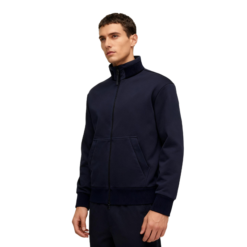 Men’s Navy High-Neck Zip-Up Jacket – Premium Knit Trim, Casual Sporty Style with Branded Sleeve Badge