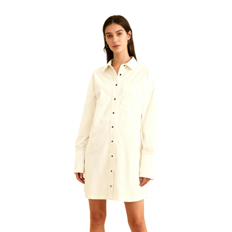 Chic Beige Long-Sleeve Button-Down Shirt Dress – Oversized Silhouette with Asymmetric Pocket Design for Modern Women