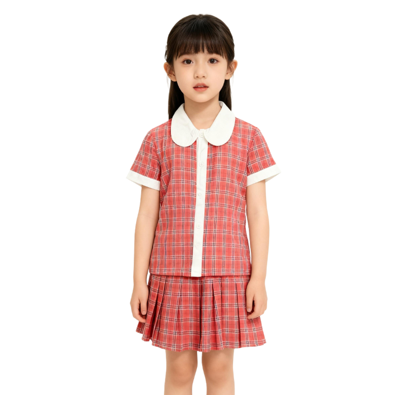 Red Plaid Kids’ Set: Peter Pan Collar Top + Pleated Skirt Outfit
