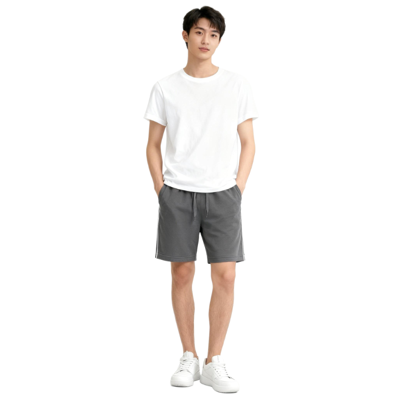 Classic Gray Men’s Sweat Shorts – Side White Stripes, Soft Fabric, Perfect for Gym, Home & Daily Leisure