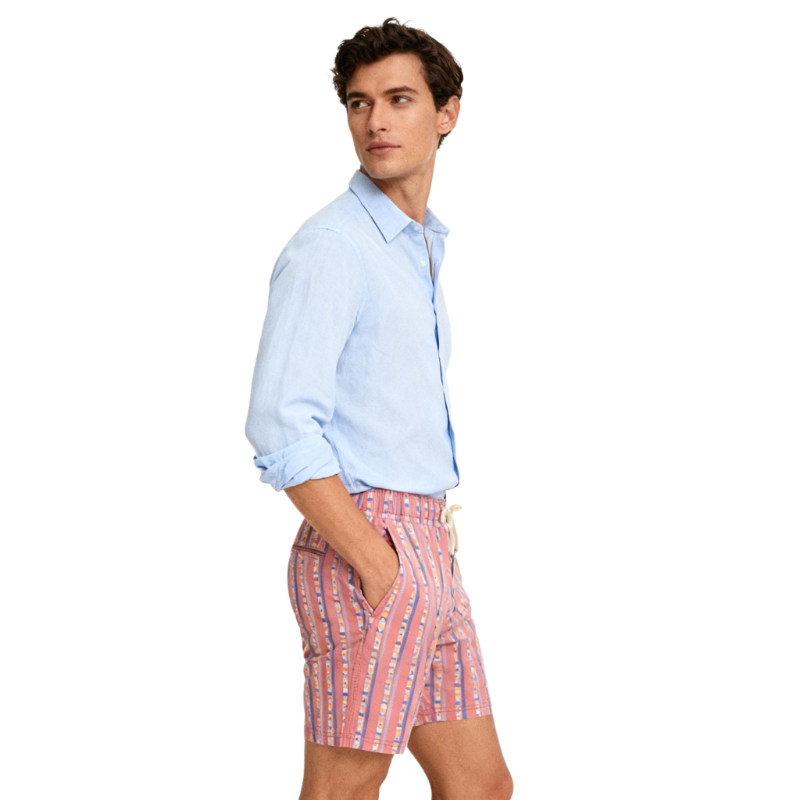 Coral Striped Pattern Drawstring Shorts – Men’s Casual Summer Beach Pants