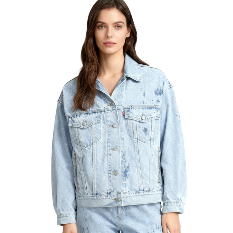 Women’s Light Blue Denim Jacket – Distressed Splatter Print, Zip & Button Details, Oversized Casual Coat