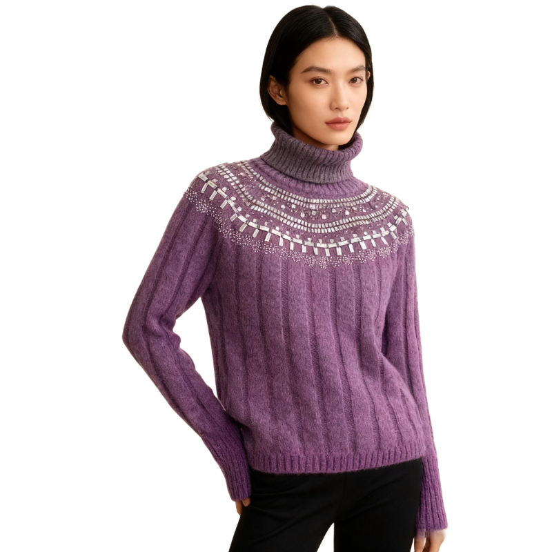 Purple turtleneck beaded sweater: retro pit strip knitted sweater, heavy industry sequined decorative warm jumper