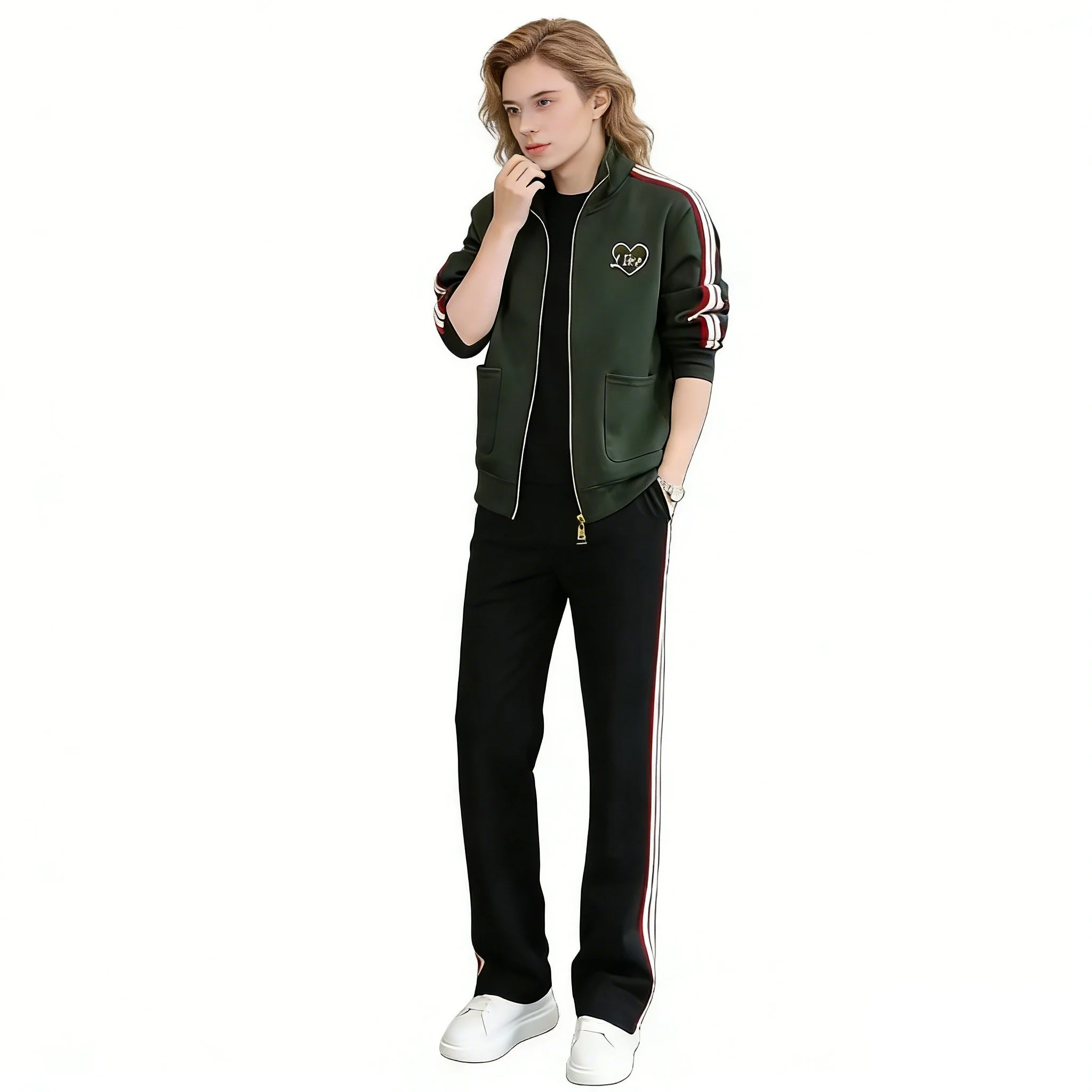 Unisex Olive Green Heart "Like" Patch Zip-Up Jacket - Oversized Casual Bomber