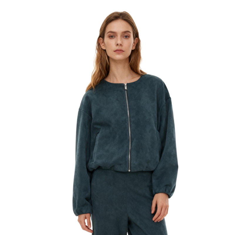 Oversized Suede Zipper Jacket – Loose Fit Crop Top Casual Outerwear for Women