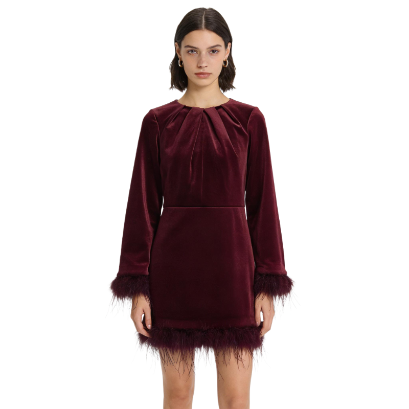 Glamorous Burgundy Velvet Dress with Ostrich Feather Trim | Perfect for Wedding Guest & Holiday Events