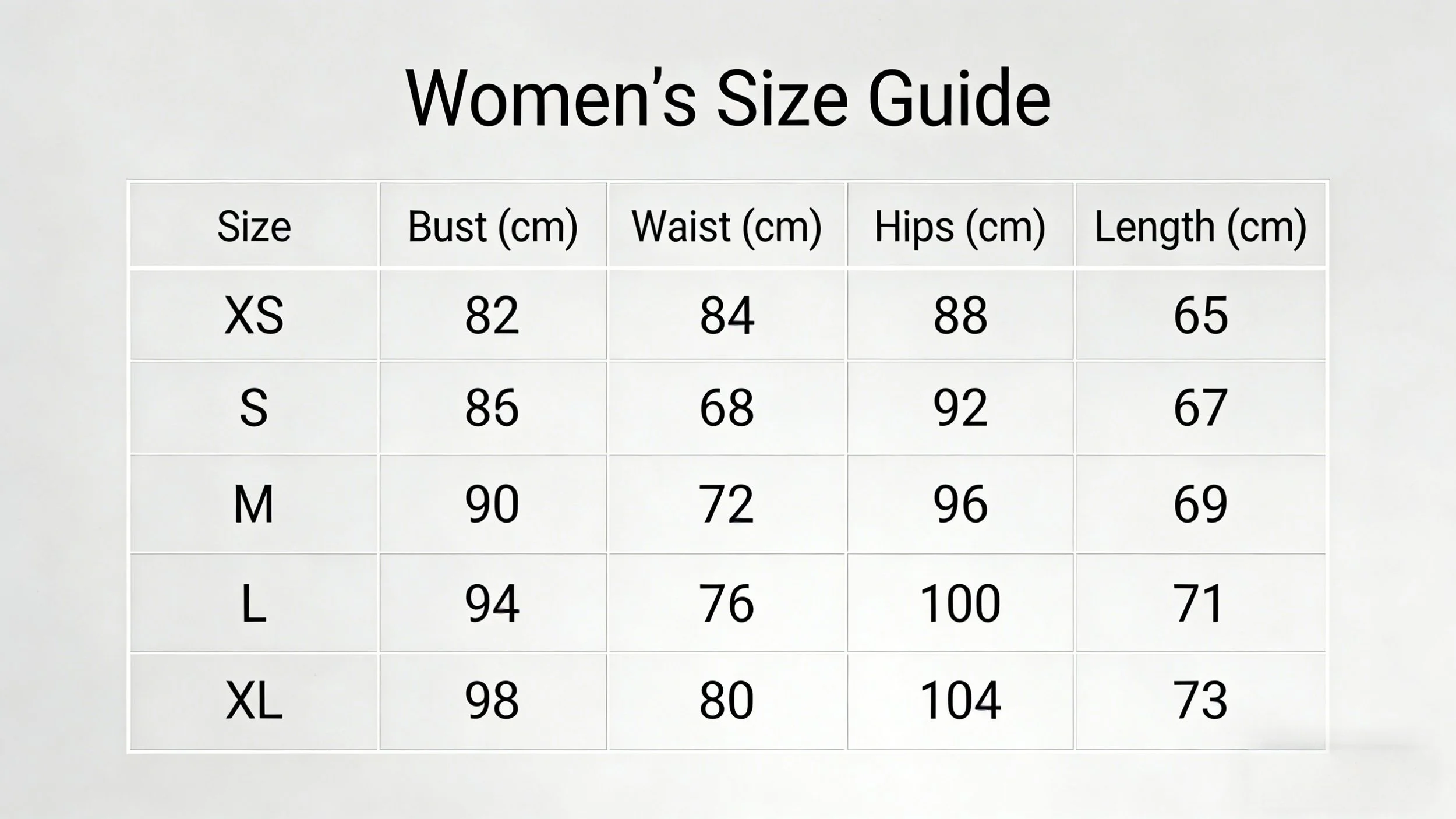 Sizing chart titled "Women's Size Guide" with columns for size, bust, waist, hips, and length in centimeters. Sizes range from XS to XL with corresponding measurements.