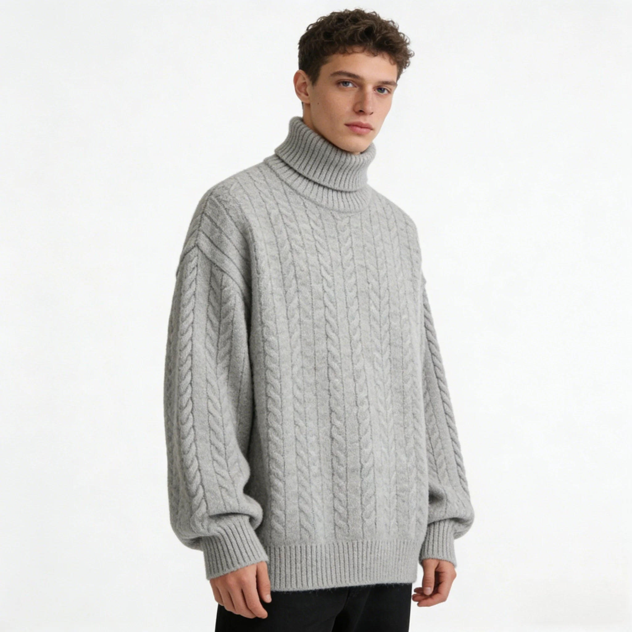 Men's Chunky Cable Knit Turtleneck Sweater | Light Gray Warm Pullover