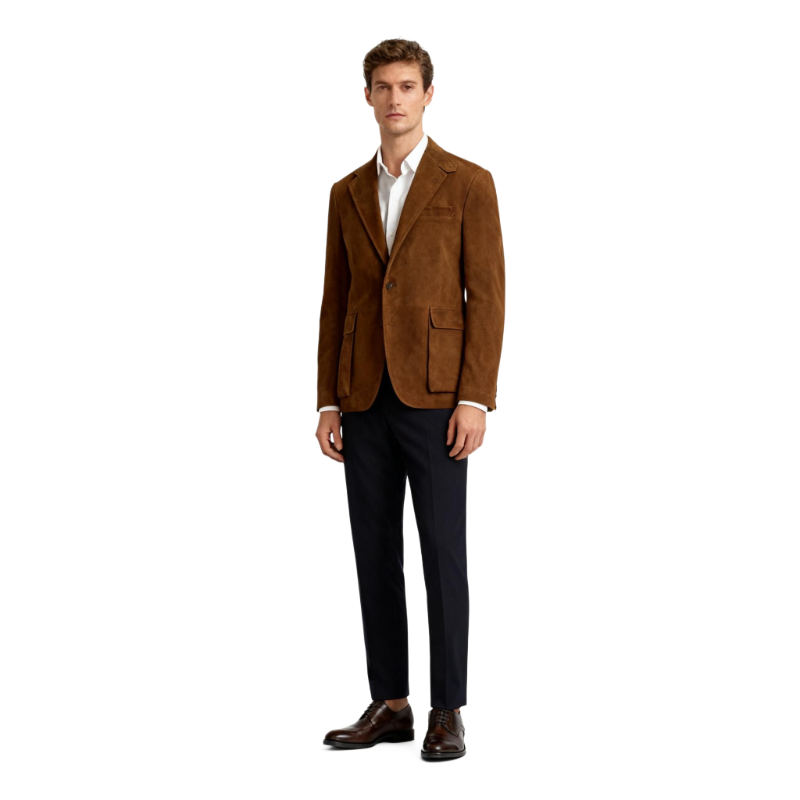 Men’s Brown Suede Blazer Casual Single-Breasted Jacket for Daily/Office