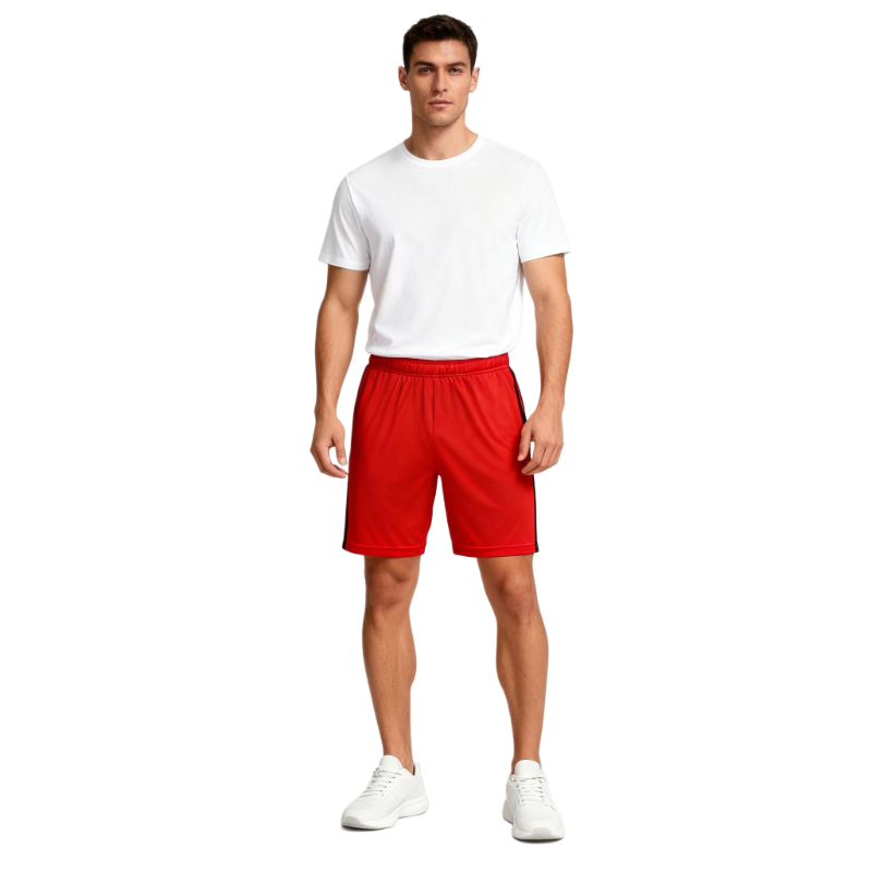 Men’s Quick-Dry Athletic Shorts – Red Sport Shorts with Side Stripes, Elastic Waist & Zipper Pockets for Running, Soccer & Training