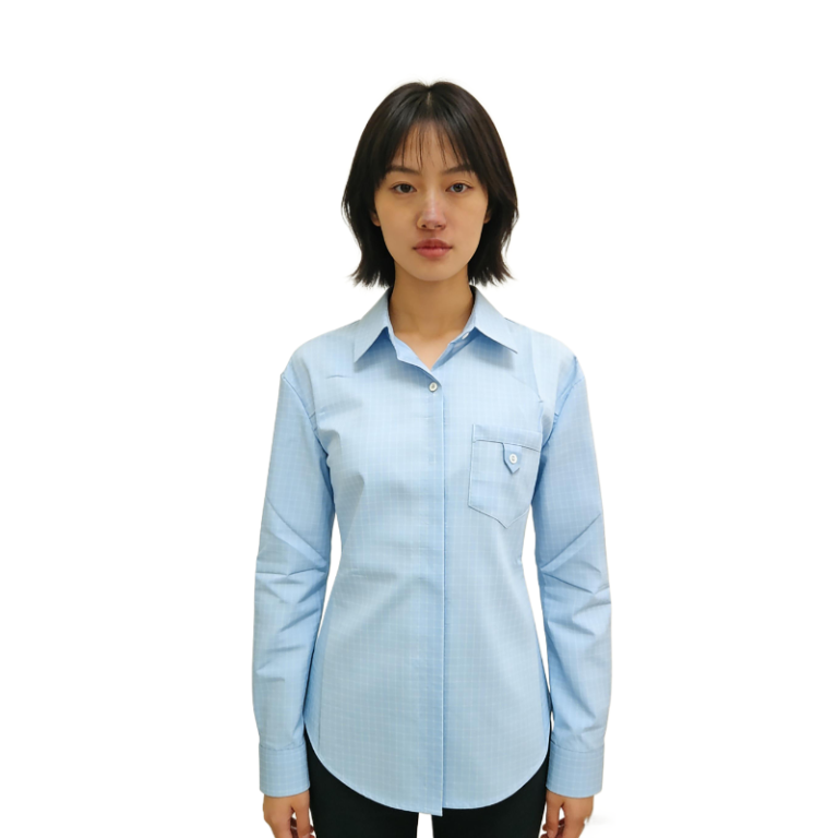 Light Blue Plaid Long Sleeve Shirt for Women – Relaxed Fit Button Down Casual Blouse with Chest Pocket