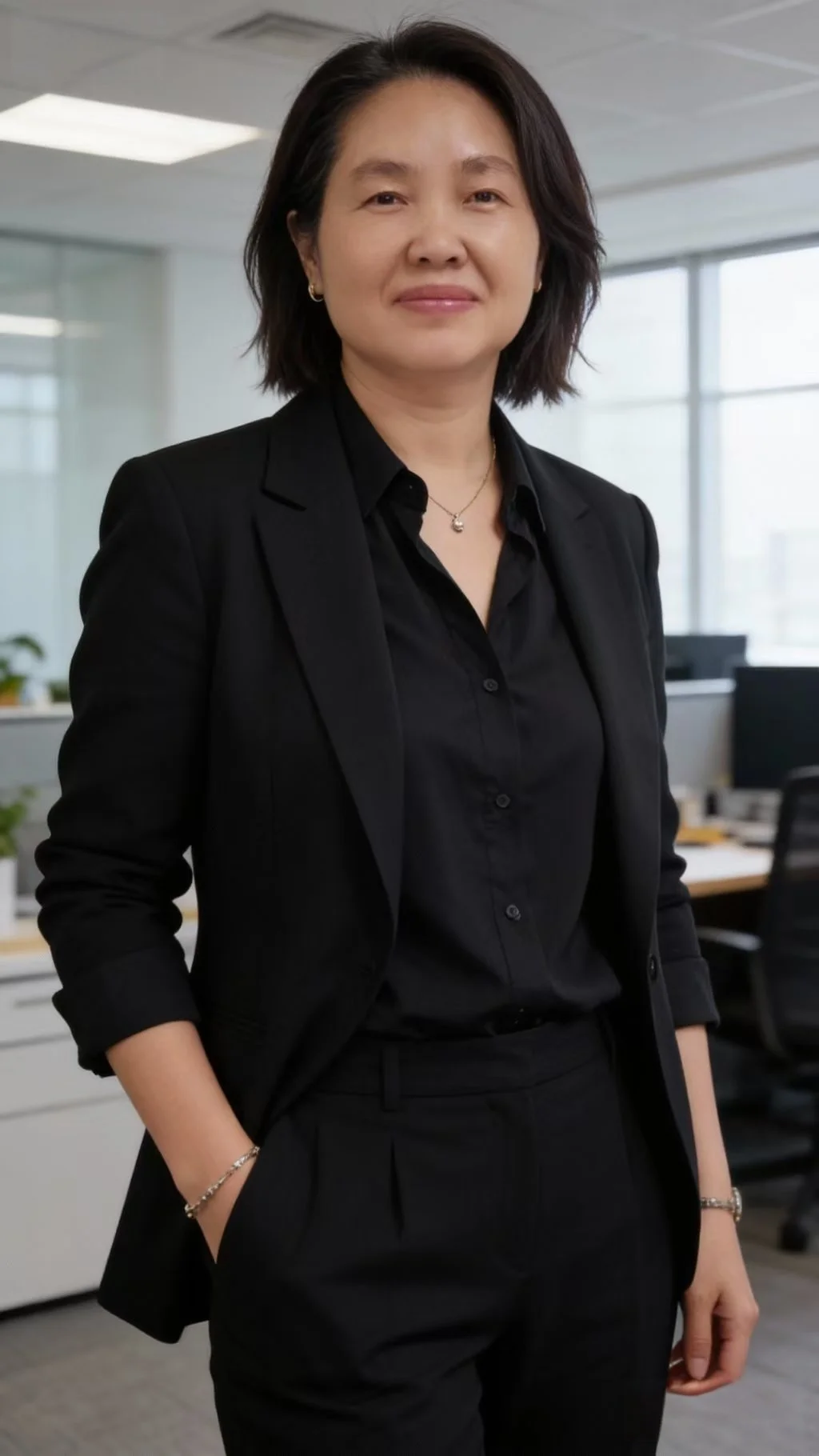 Businesswoman in black suit standing in modern office with large windows and computer desks.