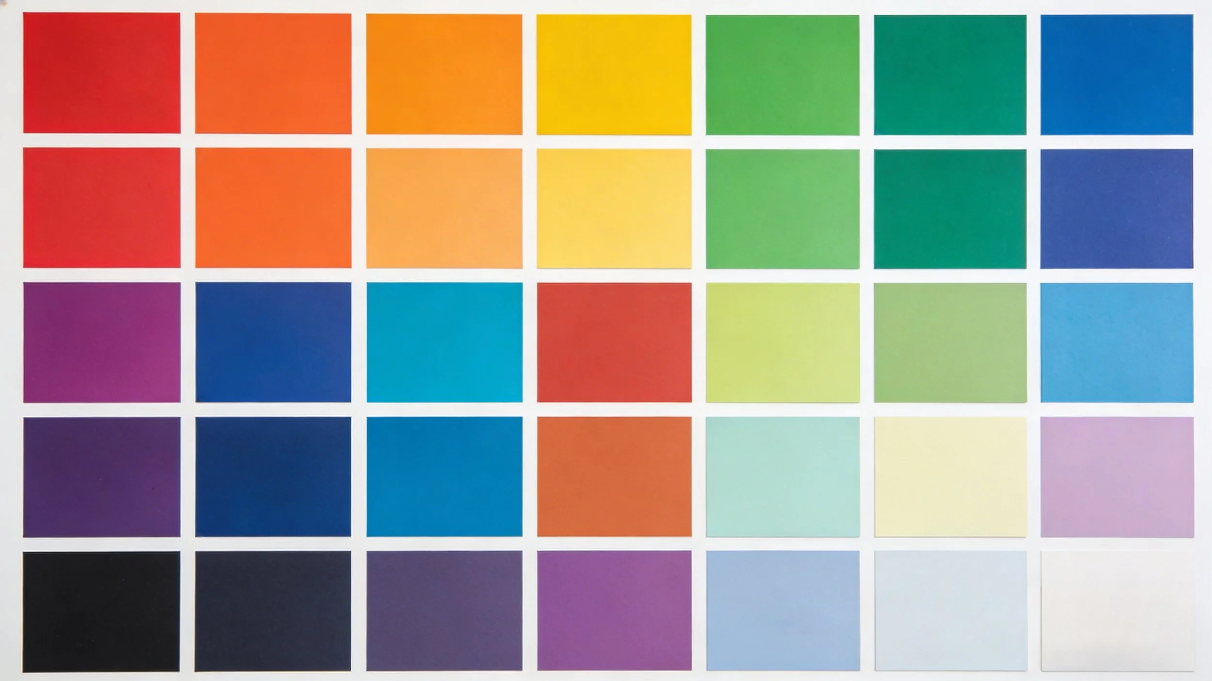 Color calibration chart with rows of colored squares ranging from red, orange, yellow, green, blue, purple, black, to white.
