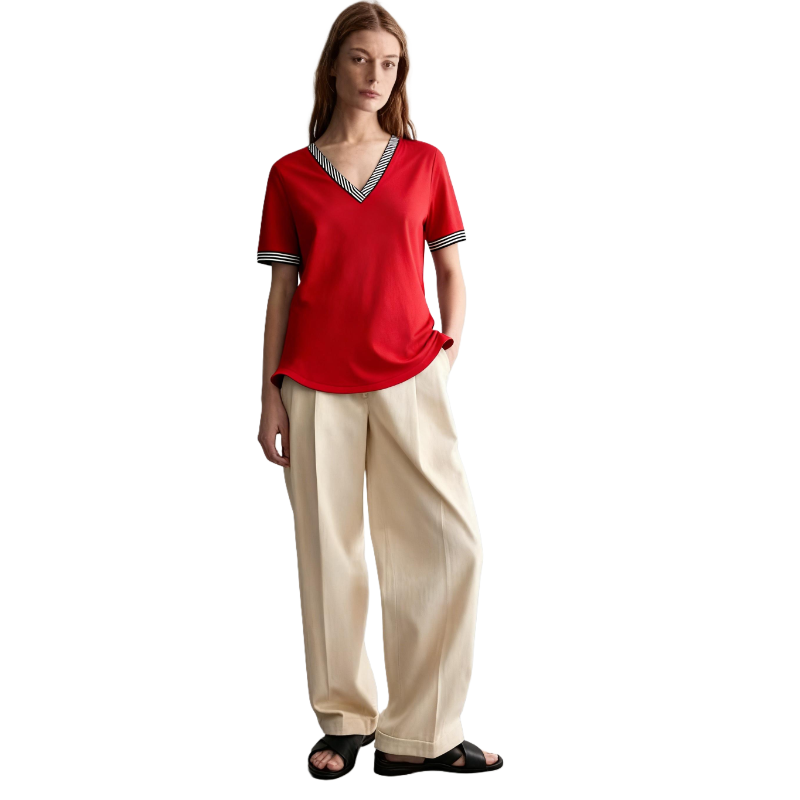 Women’s Red V-Neck T-Shirt – Soft Cotton Blend with Striped Neck Detail, Casual Everyday Essential