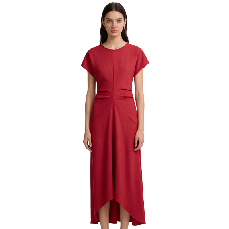 Wine Red Short Sleeve High-Low Hem Midi Dress with Decorative Pockets – Elegant Evening Party Cocktail Wear