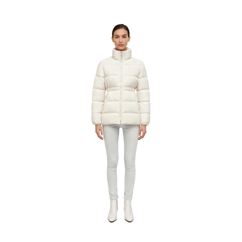 Women’s Beige Down Jacket – High Neck Quilted Puffer Coat with Waist Cinch, Luxury Winter Outerwear